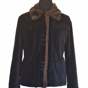 Black Rivet Cotton Velveteen Faux Fur Snap Front Jacket Retro Penny Lane Y2K